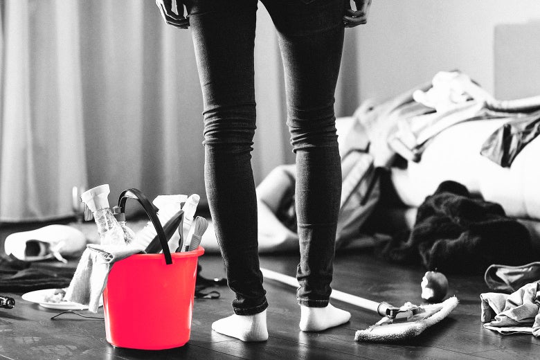 Woman about to clean up before the cleaners get there.